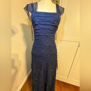 JS Collections Elegant Navy Tiered One Shoulder Gown